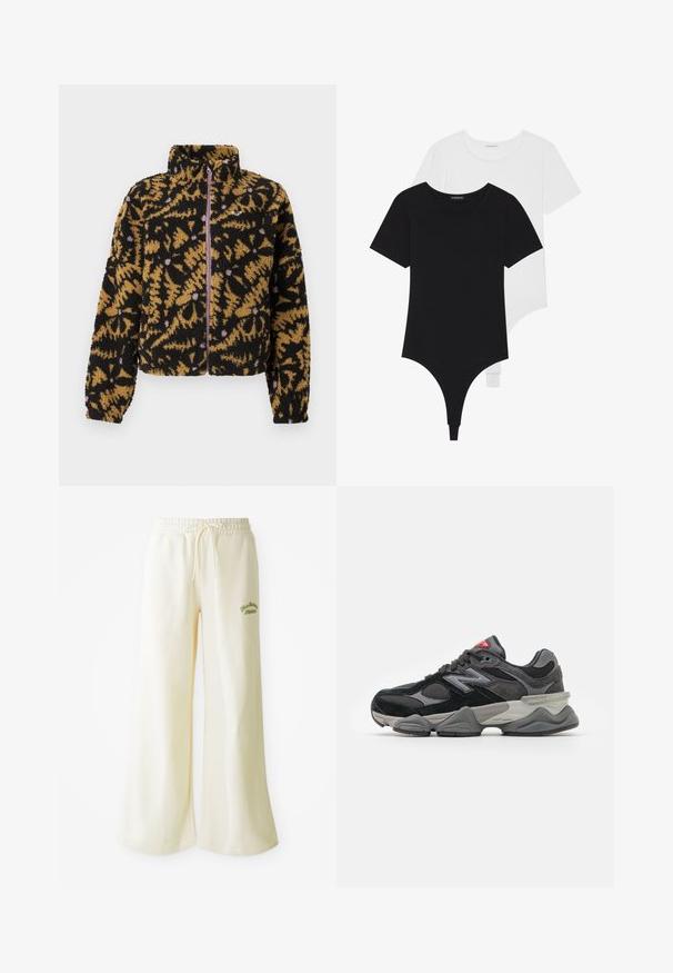 Fleecejakke med et abstrakt blomsterdesign i sort, brunt og lavendel, fuld frontlynlås og høj krave.; Sort-hvide kortærmede bodystockings med rund halsudskæring og trusse-bund, lavet af glat, strækbart stof.; Cremefarvede sweatpants med vide ben, elastisk talje og justerbar snor. Broderet grønt "Athletic" tekst foran. Blødt materiale.; Sort og grå sneakers med en kombination af ruskind og mesh-materialer, tyk sål, fremtrædende logo og rød accent på tungen.