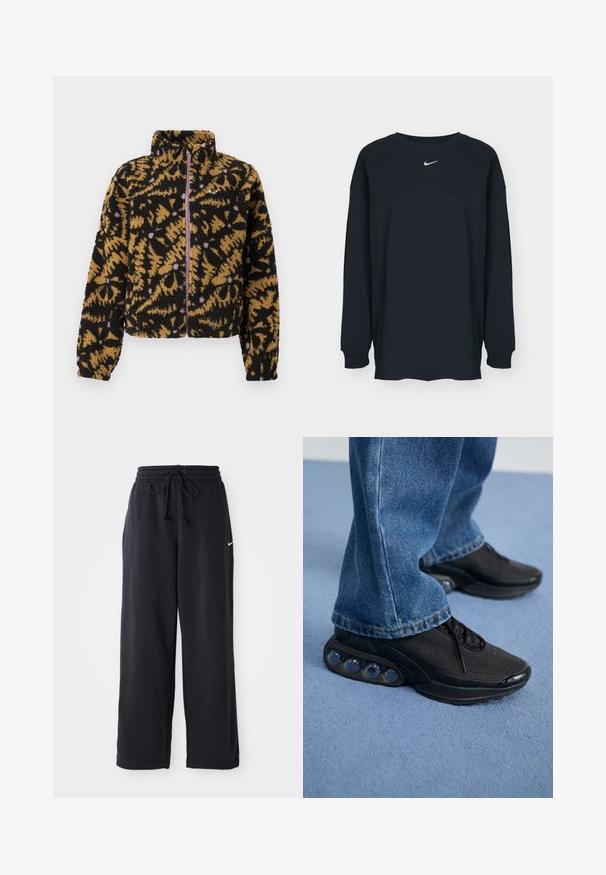 Fleecejakke med et abstrakt blomsterdesign i sort, brunt og lavendel, fuld frontlynlås og høj krave.; Sort langærmet T-shirt lavet af bomuld med rund hals. Har et hvidt Nike-logo på brystet. Blød tekstur, enkelt design.; Sorte sweatpants med elastisk talje og snor, med et lille hvidt Nike-logo på venstre side.; Sorte træningssko med mesh-overdel, teksturerede detaljer og synlige luftdæmpningspodere i sålen. Båret med blå denimjeans.