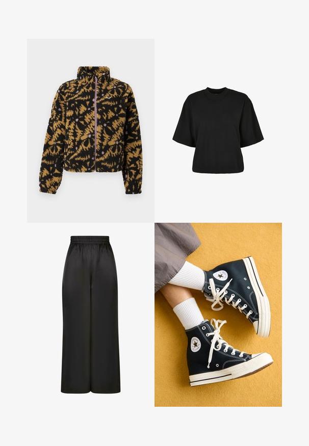 Giacca in pile con motivo floreale astratto in nero, marrone e lavanda, zip frontale completa e colletto alto.; Maglietta nera cropped realizzata in cotone. Presenta maniche corte e un collo rotondo. Tessuto liscio con un design semplice, senza ulteriori motivi.; Pantaloni neri a gamba larga realizzati in un tessuto liscio e lucido, con una vita elastica e senza tasche visibili o dettagli in metallo.; Sneakers alte nere in tela con lacci bianchi e suole in gomma, caratterizzati da un logo rotondo Converse All Star sul lato esterno.