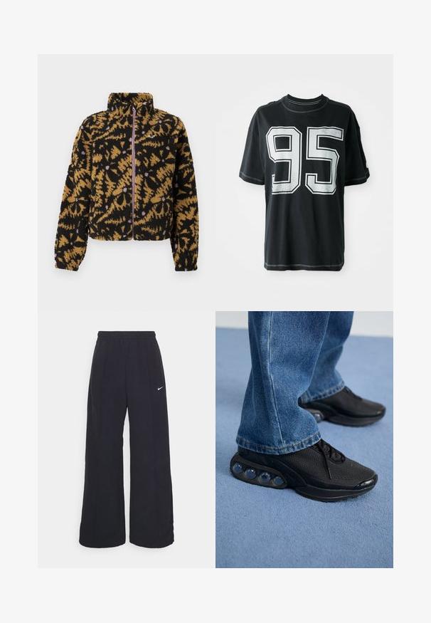 Fliisjakke musta, pruuni ja lavendli abstraktse lillemustriga, täispikk eeslukuga ja kõrge kaelusega.; Must mustaga t-särk lühikeste varrukatega, mille esiküljel on valge trükitud number "95" ja kontrastsete õmblustega servadel.; Mustad laiad mustad püksid, millel on elastne vöökoht ja väike valge Nike logo. Kanga tekstuur on sile, disainitud mugavuseks ja igapäevaseks kandmiseks.; Mustad mustandid jooksujalatsid, millel on võrkmaterjalist ülemine osa, tekstuuriga detailid ja nähtavad õhkpadjad tallas. Kandmine siniste teksadega.
