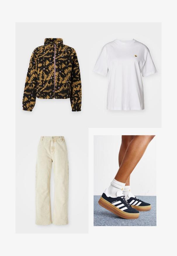 Fleece-takki musta, ruskea ja laventeli abstraktilla kukkakuviolla, täysi etuvetoketju ja korkea kaulus.; Valkoinen puuvillapaita rentoa istuvuutta, lyhyet hihat ja pieni kirjailtu logo vasemmassa rinta-alueessa.; Beige levele denimhousut korkealla vyötäröllä, joissa on edessä napitus ja vetoketju, vyölenkit sekä sivutaskut. Pehmeä rakenne.; Musta mokkanahkainen tennari, jossa valkoiset raidat ja yksityiskohdat, pyöreä kärki, purukumipohja, yhdistetty valkoisiin ribbineuleisiin nilkkasukkiin.