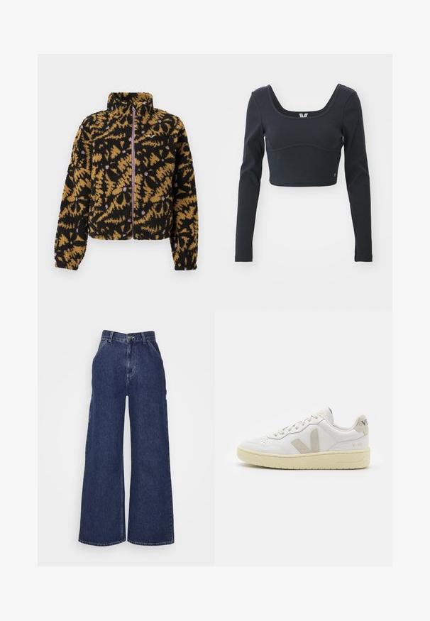 Flis jakna s apstraktnim cvjetnim uzorkom u crnoj, smeđoj i lavandi, punim prednjim zatvaračem i visokim ovratnikom.; Crni kratki top s dugim rukavima od rebraste tkanine, s širokim izrezom i prilagođenim siluetom, s suptilnim naglaskom na brend logo.; Široke traperice tamnoplave boje, s visokim strukom, prednjim džepovima i zatvaračem s metalnim gumbom. Glatka tekstura i klasičan dizajn.; Bijele kožne tenisice s bež nubuk naglascima, perforiranim prednjim dijelom, ravnim čipkama i teksturiranom kremastom potplatom. Sadrži suptilni brend na pete.
