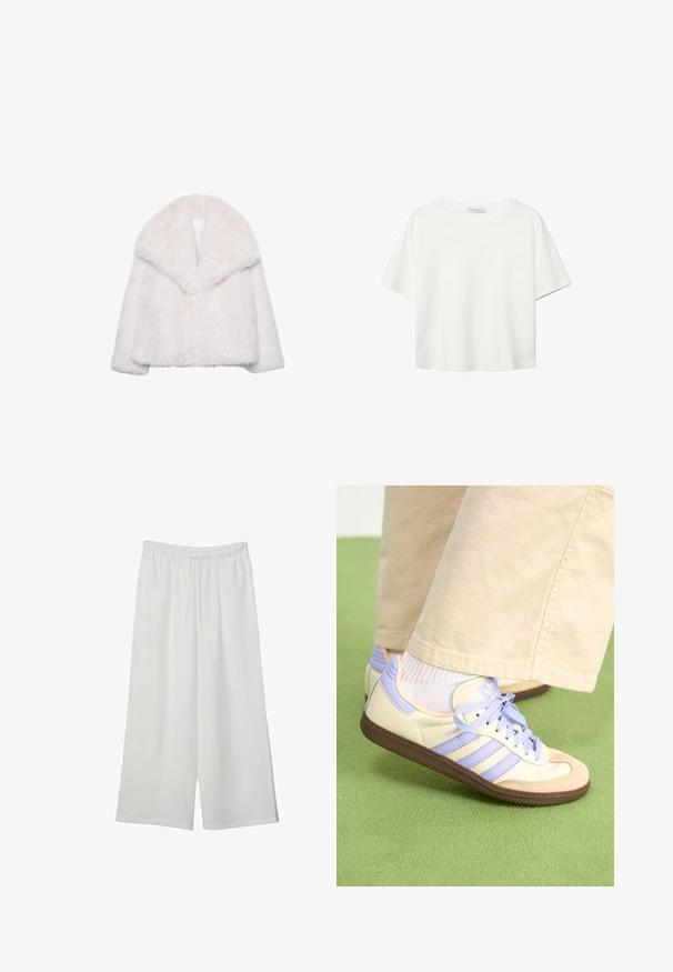 Weiße Kunstfelljacke mit breitem Reverskragen, kurzer Passform und weicher Textur. Hat ein sauberes, schmuckloses Innenfutter.; Weißes T-Shirt mit kurzen Ärmeln aus Baumwolle. Hat einen Rundhalsausschnitt und eine lockere Passform. Glatte Textur ohne sichtbare Muster oder Akzente.; Weiße, weit geschnittene Hosen aus leichtem Stoff, mit einem elastischen Bund und einem Zugband für eine verstellbare Passform. Glatte Textur.; Cremefarbene und lavendelfarbene Sneakers mit drei Streifen und einer strukturierten braunen Sohle, ausgestattet mit Schnürsenkeln und einer gepolsterten Ferse. Obermaterial aus weichem Stoff.