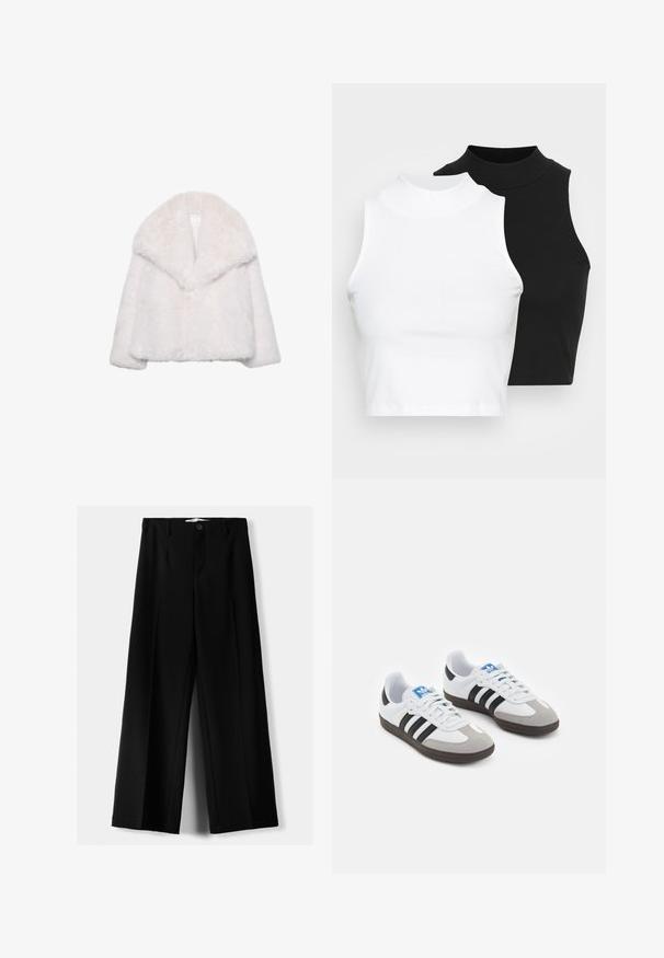 Biely kabát z umelého kožušinového materiálu so širokým golierom, skrátený strih a mäkká textúra. Má čistý, nezdobený interiér.; Dve bezrukávové rebrované roláky v čiernej a bielej farbe, pričom majú priliehavý strih a hladkú textúru, s krátkou dĺžkou.; Čierne široké nohavice z ľahkého materiálu, s predným zapínaním na gombík a plochým predným dielom, s pekne ušitými lemami.; Športové topánky s bielym koženým zvrškom, šedou semišovou špičkou a tromi čiernymi pruhmi. Obsahujú modré logo na jazyku a štruktúrovanú gumovú podrážku.