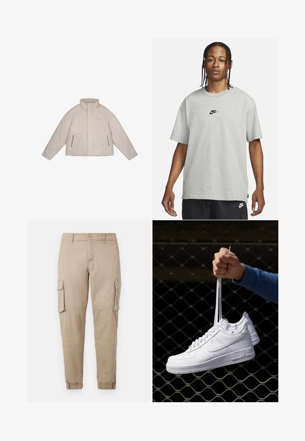 Vadderad beige jacka med hög krage, blixtlåsfickor på sidan, och en slank design, med en diskret logotyp på framsidan.; Ung person med flätat hår iklädd en ljusgrå Nike T-shirt och svarta Nike-shorts framför en enkel vit bakgrund.; Beiga cargobyxor i ett lätt bomullsmaterial. Har elastiska mudd, flera sidofickor och en knappstängning.; Vita lädersneakers med perforeringar, rund tå, platt sula och tjocka snörning, med en synlig swoosh-logga och "AIR" på hälen.