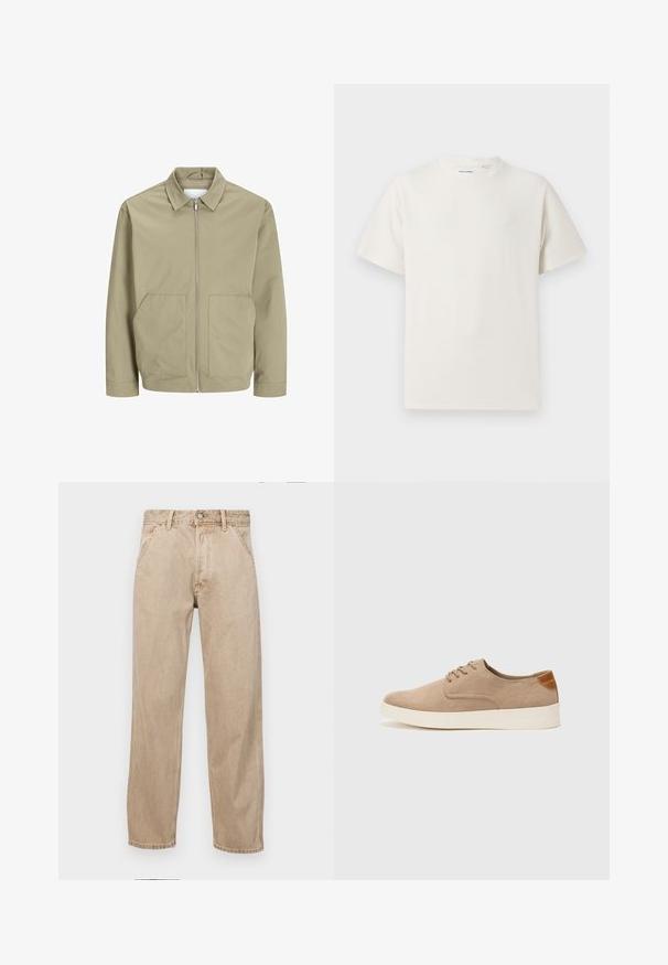 Light khaki jacket made of smooth fabric features a collar, front zipper, and two side pockets. Long sleeves and relaxed fit.; White short-sleeve T-shirt in a ribbed texture. Round neckline, relaxed fit, no visible patterns or accents. Simple and versatile design.; Beige denim jeans with a straight leg design, featuring front pockets, a metal button closure, and subtle texture.; Beige suede sneakers with a rounded toe, lace-up front, and a textured back accent. White rubber sole provides contrast. Simple and modern design.