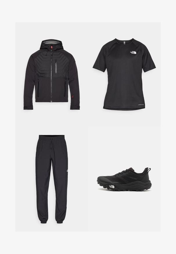 Juodas džemperis su kapišonu, turintis siuvinėtus pečių panele, priekinį užtrauktuką ir užtrauktukus šoninėse kišenėse. Raudoni akcentai.; Juoda trumpa rankovė atletinė marškinė, pagaminta iš tekstūruotos medžiagos, su baltu logotipu kairėje krūtinės pusėje ir tiesiu apdailos kraštu.; Juodos sportinės kelnės, pagamintos iš lengvos medžiagos, su raišteliu liemens srityje, šoniniais kišenėmis ir siaurėjantys apykaklės prie kulkšnies.; Juoda bėgimo batai su tekstūruotu paviršiumi, guma padais ir sustiprinta pirštų dalimi. Yra paminkštinta apykaklė ir kilpos, leidžiančios lengvai užsidėti.