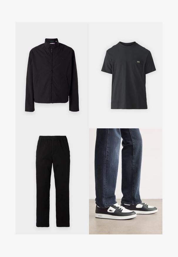 Casaco leve preto, com fecho elétrico, gola alta, bolsos laterais, tecido liso, design minimalista com logótipo em destaque no peito.; Camiseta de algodão preta com mangas curtas, decote redondo e um pequeno logo verde no bolso do peito esquerdo. Design simples, corte regular.; Calças pretas feitas de um tecido de algodão misto, com corte reto, cintura elástica com botão e sem padrões ou detalhes visíveis.; Sneakers Lacoste em preto e branco com parte superior em couro texturizado, apresentando um design com atacadores e uma sola de borracha branca. Usadas com jeans escuros.