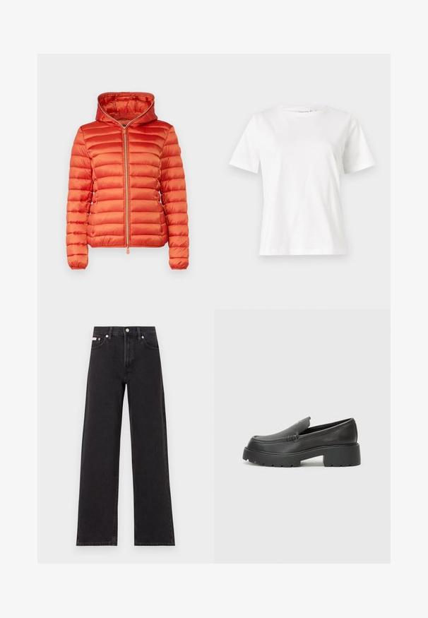 Save the duck ALEXIS - Könnyű dzseki - maple orange; Fehér pamut póló rövid ujjakkal, kerek nyakkivágással és laza szabással. Sima textúra, nincsenek minták vagy díszítések, minimalista dizájn.; Fekete, bőszárú farmernadrág, magas derekú, öt zsebes kialakítással és fém gombos záródással, kontrasztos varrással.; Fekete bőr loafer cipők kerek orral, vastag, texturált talppal és minimális varrási részletekkel. Áramvonalas dizájn, látható fűzők vagy fém részek nélkül.