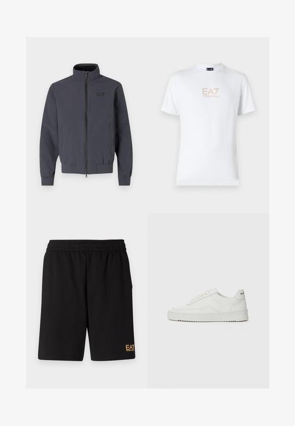 Neutrálne tmavosivé sako s vystuženým golierom, predným zipsom a elastickými manžetami. Obsahuje logo v hornej ľavej časti. Hladká textúra.; Biela bavlnená tričko s okrúhlym výstrihom a krátkymi rukávmi, na prednej strane s potlačou zlatého loga EA7 Emporio Armani.; Čierne športové šortky vyrobené z jemného materiálu, s elastickým pásom a malým žltým logom EA7 na dolnej ľavej nohe.; Biele kožené tenisky s hladkým povrchom, okrúly špičkový dizajn, ploché šnúrky a textúrovaná podrážka. Obsahujú jemné logo na päte.