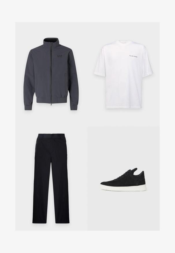 Nøytral mørkegrå jakke med stående krage, glidelås foran og elastiske mansjetter. Har logo på øvre venstre side. Glatt tekstur.; Hvit kortermet t-skjorte i bomull med v-hals, med en svart "FILLING PIECES" logo trykt på venstre side.; Sorte bukser med lett og teksturert stoff, rett ben-design, elastisk midjebånd og sidelommer med glidelås.; Sorte semskede sneakers med hvit gummisåle, med tonale sømmer og snøring. Glatt tekstur med en moderne, strømlinjeformet form.