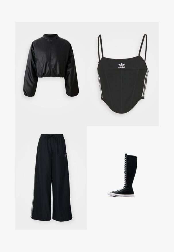 Jaqueta bomber curta preta com textura suave em faux leather, fecho em zíper e punhos elásticos para um silhueta ajustada.; Top crop preto canelado com alças finas ajustáveis, apresentando três riscas brancas nas laterais e um pequeno logótipo branco da Adidas ao centro.; Calças largas pretas feitas de um tecido leve. Apresenta uma cintura elástica com cordão e riscas brancas laterais. Logótipo da marca na anca.; Tênis de cano alto pretos com um design alto, feitos de lona. Apresentam atacadores brancos, costura e uma sola de borracha com biqueira.