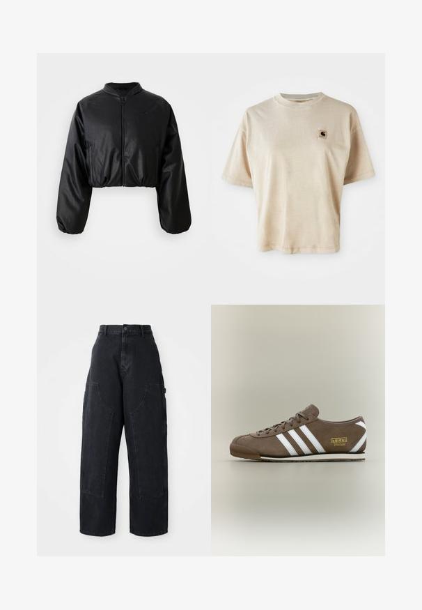 Svart kort bomberjakke med en glatt, syntetisk skinntekstur, glidelås foran og elastiske mansjetter for en tettsittende silhuett.; Beige bomulls t-skjorte med avslappet passform, rund hals, korte ermer og et lite kvadratisk logo-lapp på venstre brystområde.; Sorte denim bredbukser med høy livlinje, to store frontlommer og kneppestang i midjen. Glatt tekstur, uformelt design.; Brun semsket joggesko med tre hvite striper, flat gummisåle, rund tå og gullfarget "adidas Italia"-logo på siden.