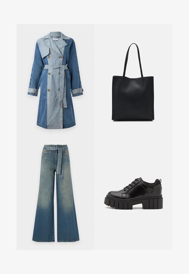 Casaco trench de ganga com frente de duplo peito, tons mistos de azul, lapelas largas, cintura com cinto e punhos abotoados.; T-shirt de algodão preto com mangas curtas, apresentando um pequeno gráfico de borboleta rosa no lado esquerdo do peito. Design de gola redonda com um corte solto.; Calças de ganga de perna larga com um gradiente de azul claro a escuro, cintura alta, passantes para cinto e um cinto de tecido a condizer. Acabamento em ganga texturizada.; Sapatos de plataforma em couro preto com um salto bloco robusto, bico redondo e design clássico de atacadores. Apresentam uma textura suave e detalhes mínimos.; Bolsa tote preta em couro com textura lisa, forma retangular e duas alças longas. Sem hardware ou enfeites visíveis.