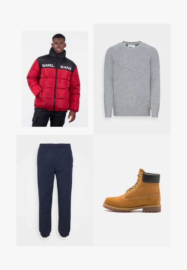 Crvena puffer jakna s crnom gornjom sekcijom, s visokim kragnom i bijelim natpisom "KARL KANI" preko prsa. Zatvaranje na zip, prešani teksturirani materijal.; Sivi pleteni pulover s okruglim izrezom, rebrastim manžetama i rubom. Glatka tekstura i jednostavan, klasičan dizajn s bočnim prorezima.; Tamno plave trenirke s elastičnim pojasom i nabranim manžetama. Izrađene su od mekanog materijala i imaju mali logotip sa strane.; Antracitne antilop čizme do gležnjeva s crnim podstavljenim ovratnikom, zlatnim metalnim rupicama, bijelim šavovima i robusnom gumenom potplatom s izraženim šarama.