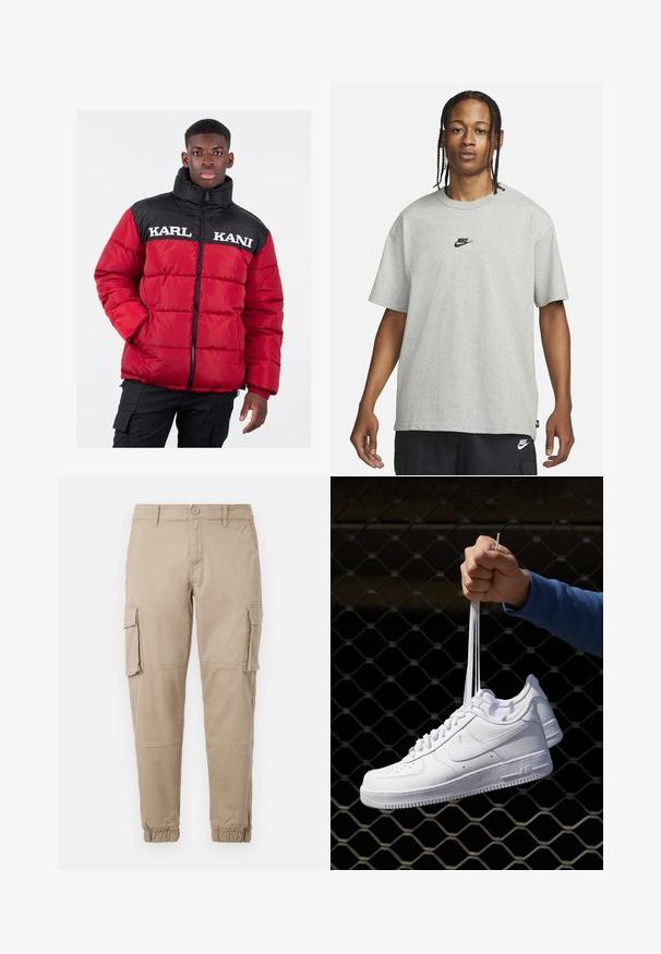 Raudonas pūkinis džemperis su juoda viršutine dalimi, pasižymintis aukšta apykakle ir balta užrašu "KARL KANI" per krūtinę. Užtrauktuku užsegamas priekinis skyrius, siuvinėtas raštas.; Jaunas žmogus su pintomis plaukomis, vilkintis šviesiai pilką Nike marškinėlį ir juodus Nike šortus, priešais vientisą baltą foną.; Bežiniai cargo kelnės iš lengvos medvilnės. Su elastingais užtrauktukais, keliais šoniniais kišenėmis ir mygtukų uždarymu.; Balti odiniai sportiniai bateliai su perforacijomis, apvalia nosimi, plokščiu padu ir storomis raištelėmis, su matomu swoosh logotipu ir "AIR" ant kulno.