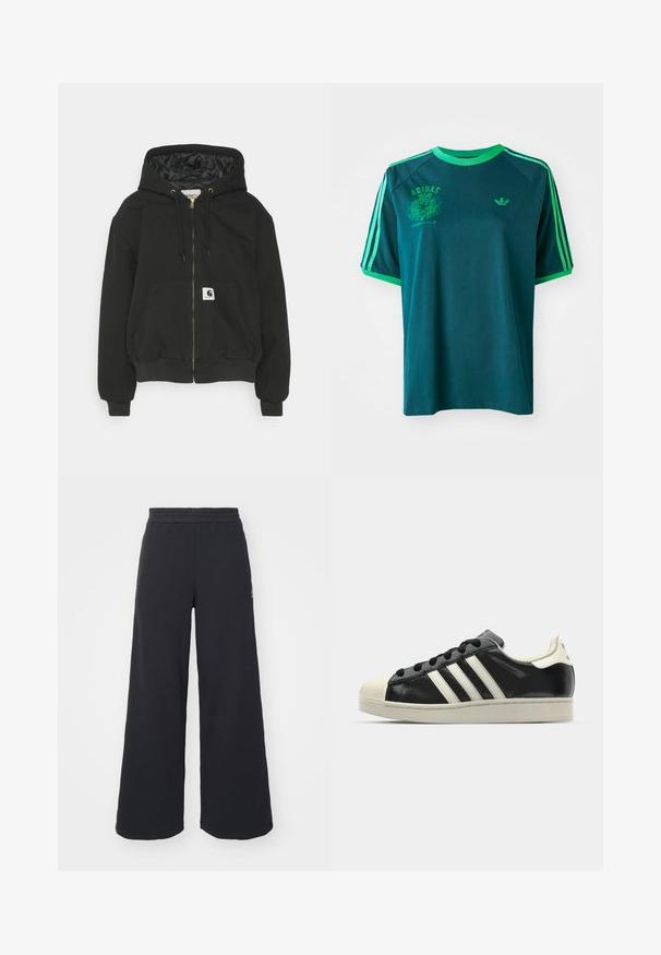 Felpa nera con cappuccio, chiusura con zip frontale, polsini elasticizzati, una grande tasca anteriore e fodera interna trapuntata. Patch del logo Carhartt sulla tasca.; T-shirt in cotone teal con accenti verdi, caratterizzato da un collo a giro, maniche raglan e logo Adidas stampato sul petto e sulla manica.; Pantaloni felpati neri a gamba larga realizzati in tessuto morbido, con un elastico in vita e un piccolo logo sul lato sinistro.; Sneaker in pelle nera con strisce bianche, punta in gomma, lacci neri e suola di colore crema. Texture liscia con finitura brillante.