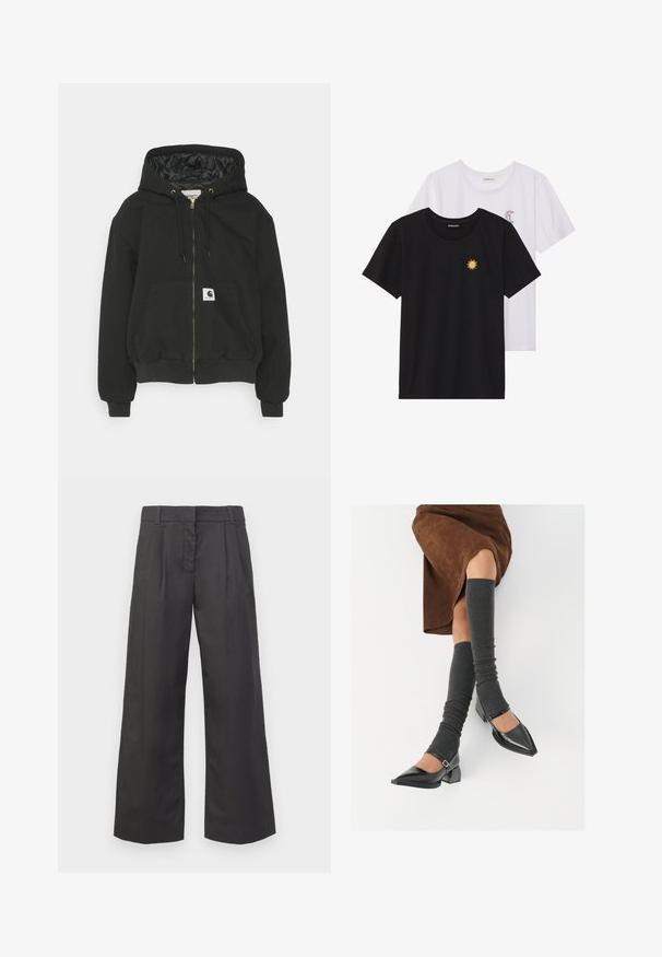 Juodas gobtuvėlis su užtrauktuku priekyje, elastingomis rankovėmis, dideliu priekinio kišeniu ir paklota vidaus pamušalu. Carhartt logotipo užrašas ant kišenės.; Juodi ir balti marškinėliai, apvaliu kaklu, trumpomis rankovėmis. Juodi marškiniai su geltonu saulės siuvinėjimu; baltieji turi purpurinę pusmėnulio akcentą.; Juodi placūs kelnių modeliai, pasižymintys aukštu juosmeniu, priekinių raukšlių ir subtiliomis kišenėmis. Lygus audinys su švariu apdirbimu.; Juodi lakuoti odiniai batai su aštriu kuma ir bloko kulnu, derinami su pilkais riebiais kojų šildytuvais ir rudais zomšiniais sijonais.