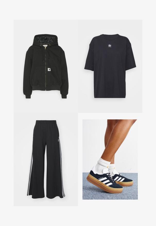 Sweatshirt à capuche noir avec zip sur le devant, poignets élastiques, grande poche frontale et doublure intérieure matelassée. Patch logo Carhartt sur la poche.; T-shirt en coton noir à manches courtes, col rond, avec un logo Adidas blanc sur la poitrine. Design simple, coupe décontractée.; Pantalons de survêtement larges noirs avec une taille élastique, présentant des rayures blanches sur les côtés et un logo brodé sur la cuisse gauche.; Baskets en daim noir avec des rayures et des accents blancs, bout arrondi, semelle extérieure en caoutchouc gomme, associées à des chaussettes blanches côtelées mi-mollet.