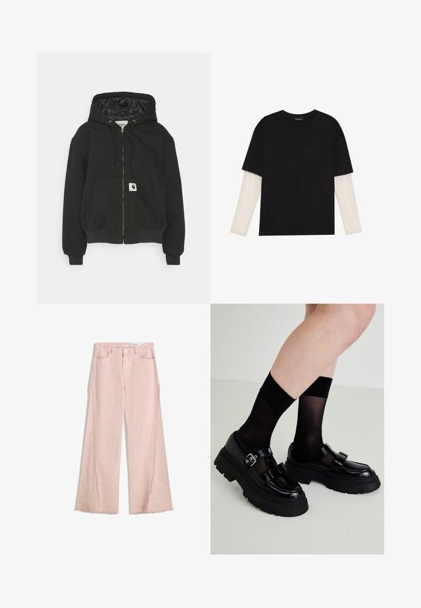 Mustapaita, jossa on huppu, vetoketju edessä, joustavat hihansuut, iso etutasku ja topattu sisävuori. Carhartt-logopatchi taskussa.; Mustapaita, joka on valmistettu puuvillasta ja jossa on lyhyet hihat valkoisen pitkähihasen kerroksen päällä, jossa on hienovarainen teksturoitu kuvio. Pyöreä kaula-aukko.; Vaaleanpunaiset leveälahkeiset farkut, joissa on textured-pinta, hullutettu helma ja viisi taskua. Varustettu nappikiinnityksellä ja vyölenkeillä.; Mustat lakatut nahkakengät paksuilla pohjilla, joissa on kaksi koristeellista hihnaa ja solki, yhdistettyinä läpinäkyviin mustiin sukkiin.