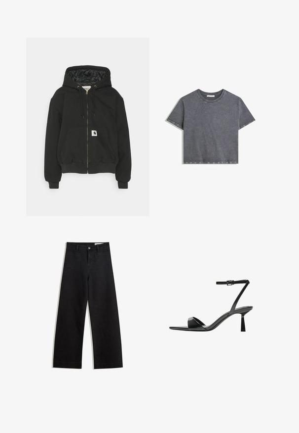Svart huvtröja med dragkedja fram, elastiska ärmmuddar, en stor framficka och ett quiltat innertyg. Carhartt-logotyp på fickan.; Kortärmad tvättad grå crop top med metallöglor längs ärmarna och nederkanten, rund halsringning, utlagd platt på vit bakgrund.; Svarta vida denimbyxor med hög midja, med fram- och bakfickor, sydda sömmar och knappstängning. Slät textur.; Bershka Sandaletter - black