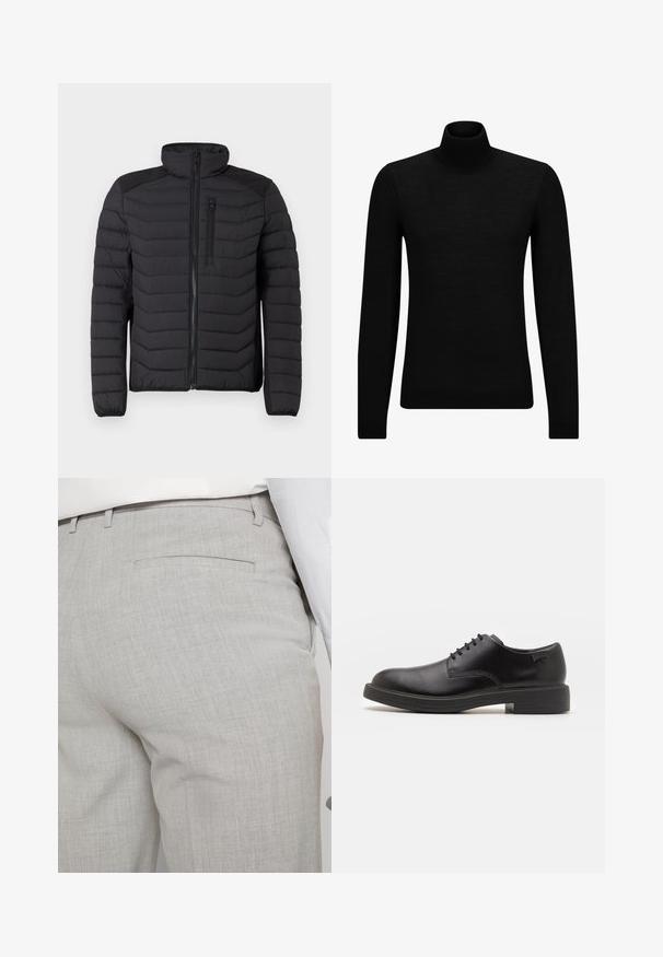 Černá nepromokavá bunda s prošívaným vzorem, vysokým límcem, zipem v přední části a kapsou na hrudi. Obsahuje strukturované akcenty na ramenou.; Černý rolák vyrobený z měkkého materiálu, s dlouhými rukávy a těsným střihem. Hladký lem na spodním okraji a manžetách. Jednoduchý design.; Světlounce šedé kalhoty na míru z texturované látky, s jednou zadní kapsou a čistým prošitím.; Černé kožené šněrovací boty s kulatou špičkou, hladkým povrchem, minimálním prošíváním a nízkým gumovým podpatkem. Logo na patě.