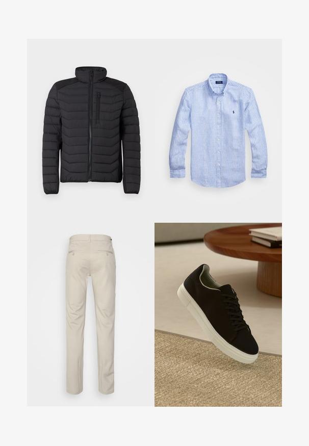 Sort isoleret jakke med en quiltet design, høj krave, lynlåslukning foran og en brystlomme. Har teksturerede skulderdetaljer.; Blå og hvid stribet langærmet skjorte lavet af bomuld, med knap-ned krave, frontknapper og et lille broderet logo på brystet.; Beige bukser med en glat overflade, lige snit, to baglommer med knapper og en standard talje.; Sort sneaker med hvid sål svævende over en beige tekstureret tæppe nær et rundt trætabel med stablede bøger.