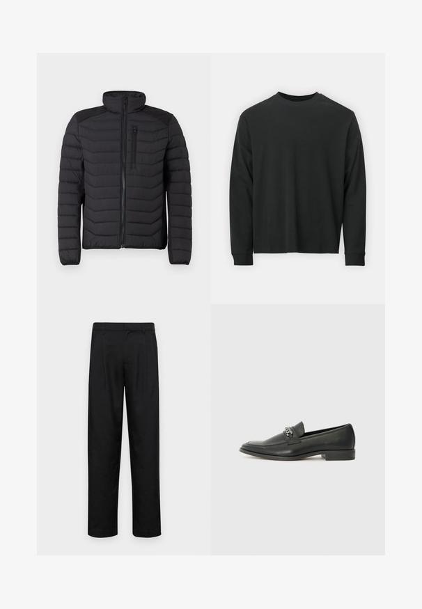 Svart isolert jakke med quiltet design, høy krage, glidelås foran og brystlomme. Har teksturerte skuldrelementer.; Langermet svart T-skjorte laget av bomull, med rund hals, løs passform og ribbestrikkede mansjetter. Glatt tekstur uten synlige mønstre.; Sorte bukser laget av glatt stoff, med rette ben, to frontfoldninger og standard liv med beltehemper.; Sorte skinnloafers med en glatt finish, og med en sydd design og en dekorativ metallkjedeakcent over foten. Flat hæl.