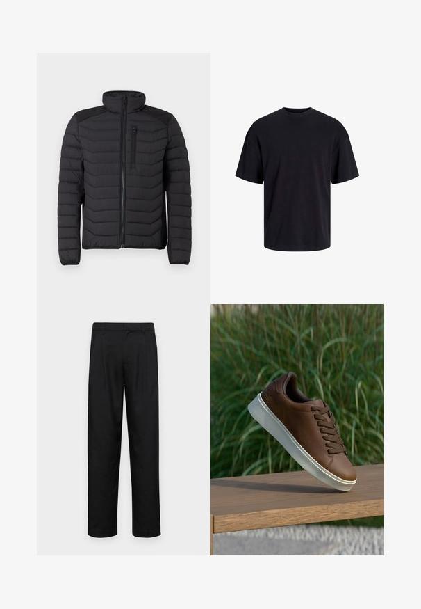 Melnā izolētā jaka ar quilted dizainu, augstu apkakli, ar rāvējslēdzēju priekšā un krūšu kabatu. Iezīmē teksturēti plecu akcenti.; Melns kokvilnas T-krekls ar apaļu kakla izgriezumu, īsām piedurknēm un brīvu piegriezumu. Gluda tekstūra un nav redzamu rakstu vai akcentu.; Melnas bikses, izgatavotas no gludas auduma, ar taisnu kāju dizainu, divām priekšējām krokām un standarta jostu, kurai ir āķi.; Brūni ādas tenisi ar baltu gumijas zoli, noapaļota purngala un brūniem šņorēm. Zoles teksturētā saķere un gluda virsma augšdaļā.