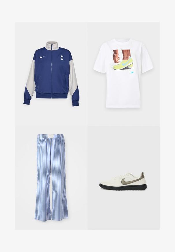 Navy blue zip-up jacket with gray sleeves, featuring a high collar, Nike logo, and Tottenham Hotspur emblem. Made from smooth fabric.; White cotton t-shirt featuring a graphic of feet in yellow Nike cleats with blue accents, paired with a bracelet on the left wrist.; Blue and white striped trousers with a relaxed fit, made of lightweight fabric, featuring an elastic waistband and a subtle logo tag.; Nike Sportswear FIELD GENERAL - Trainers - off-white/black