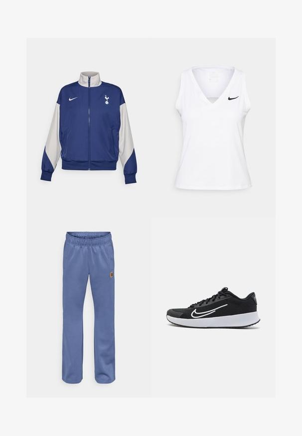 Veste zippée bleu marine avec des manches grises, dotée d'un col haut, du logo Nike et de l'emblème de Tottenham Hotspur. Fabriquée en tissu lisse.; T-shirt de sport sans manches blanc avec un décolleté en V, un détail découpé et un logo Nike noir sur la poitrine gauche. Fabriqué en tissu respirant.; Pantalons de survêtement bleus avec une taille élastique, des poches latérales et un petit patch logo multicolore près de la poche gauche. Texture de tissu douce.; Chaussure de sport en mesh noir avec des accents blancs, conçue pour le confort. Dispose d'un bout rond, d'un laçage à l'avant et d'une semelle intermédiaire blanche épaisse.
