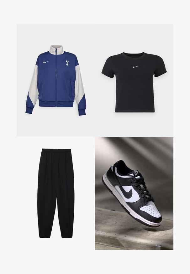 Mornarskoplavi zip-up jakna s sivim rukavima, s visokim ovratnikom, Nike logotipom i grbom Tottenhama. Napravljena od glatke tkanine.; Crna majica kratkih rukava od pamuka s okruglim izrezom. Ima bijeli Nike logotip na prsima, minimalistički dizajn i oblik koji prati liniju tijela.; Crne, lagane hlače s elastičnom stražnjom pasicom i naboranim gležnjevima. Tkanina je glatka i ima opušteni, suženi dizajn.; Crno-bijeli Nike Dunk Low tenisice s kožnim gornjištem, perforiranim prednjim dijelom, crnim vezicama, s bijelim đonom i logom.