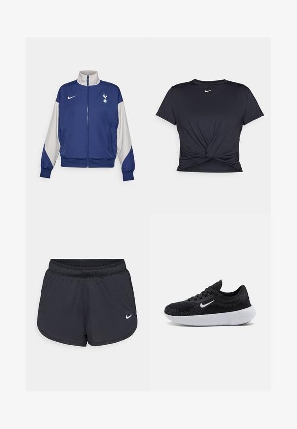 Mornarsko moder zip-up jopič z sivo-sivimi rokavi, z visokim ovratnikom, logotipom Nike in emblemom Tottenham Hotspur. Izdelan iz gladkega materiala.; Črna atletska majica iz gladkega materiala, z vozlanim sprednjim delom in majhnim belim logotipom Nike na prsih.; Črne atletske kratke hlače z elastičnim pasom, športnega dizajna z belim Nike logotipom na spodnjem delu spredaj. Tkanina z teksturo.; Črne atletične čevlje z mrežastim zgornjim delom, teksturirano zasnovo, okroglo nos, belo gumijasto podplat in Nike logotip na strani.