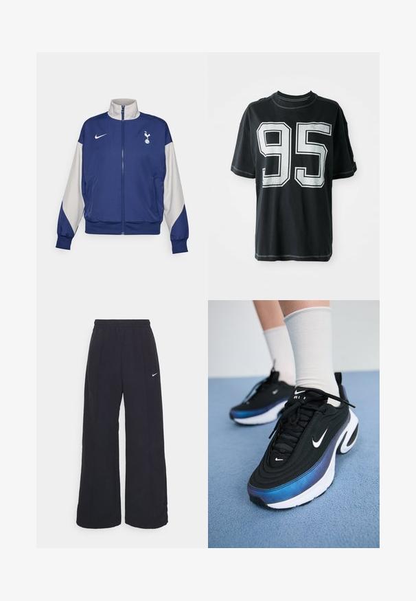 Marineblauer Reißverschlussjacke mit grauen Ärmeln, ausgestattet mit einem hohen Kragen, Nike-Logo und Wappen von Tottenham Hotspur. Hergestellt aus glattem Stoff.; Schwarzes Baumwoll-T-Shirt mit kurzen Ärmeln, das auf der Vorderseite die weiße Druckzahl "95" und kontrastierende Nähte entlang der Kanten aufweist.; Schwarze weit geschnittene Hosen mit einem elastischen Bund und einem kleinen weißen Nike-Logo. Der Stoff hat eine glatte Textur und ist für Komfort und lässiges Tragen konzipiert.; Schwarze Nike-Sneaker mit einem glatten Obermaterial aus Stoff, das ein verlaufendes Design von Blau zu Schwarz aufweist, weiße Sohle und auffällige Logo-Akzente.