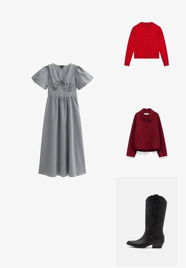 Czerwona wełniana kurtka z jednym górnym guzikiem, spiczastym kołnierzem, długimi rękawami oraz dwoma bocznymi kieszeniami, prezentowana na białym tle.; Czerwony sweter z dzianiny z długimi rękawami, okrągłym dekoltem i zapięciem na guziki. Posiada ściągacz u dołu i na rękawach. Gładka tekstura.; Czarna i biała sukienka w kratkę z krótkimi bufkami, szerokim dekoltem, marszczoną talią i spódnicą sięgającą kolan. Zawiera kokardę na środku.; Czarne skórzane kowbojskie buty z wydłużonym noskiem, niskim, szczotkowanym obcasem oraz misternym tłoczonym wzorem liści na cholewie. Pętla u góry ułatwiająca zakładanie.