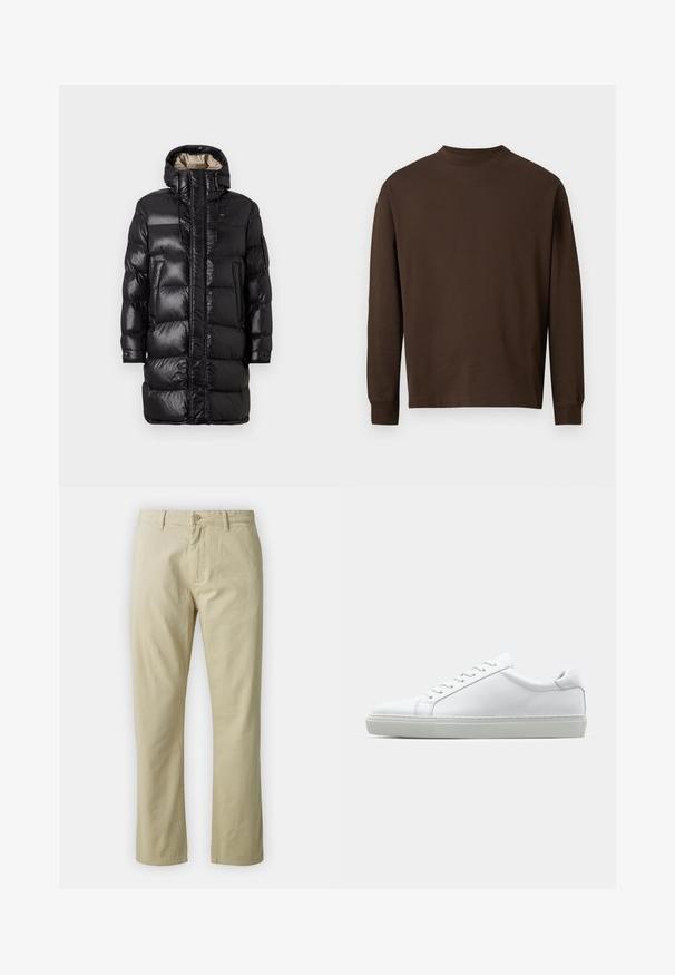 Sort puffjakke med en blank finish, der har en høj krave, frontlynlås og to sidelommer. Isoleret design med horisontale stikninger.; Brun langærmet skjorte lavet af blødt stof, med rund halsudskæring og lige snit uden synlige mønstre eller hardware.; Beige bomuldsbukser med lige ben-design, frontlukning med knap og bæltestropper. Glat tekstur, ingen synlige mønstre eller accenter.; Hvide sneakers med en glat læderoverdel og lav profil. Har en rund tå, seks snørehuller og en tekstureret gummisål.