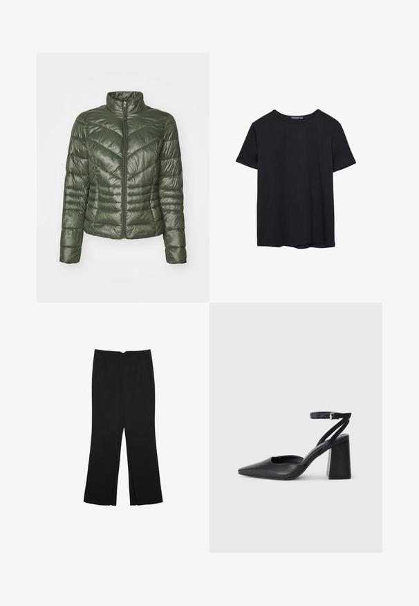 Polstret jakke i mørkegrøn, med høj krave, frontlynlås og chevron-stikning for tekstur og isolering.; Simpel sort kortærmet bomulds T-shirt med rund hals, præsenteret på en hvid baggrund.; Sorte bukser med lige pasform, der har frontlommer og slidser i kanten. Lavet af blødt, glat stof. Velegnet til forskellige anledninger.; Sort læder spidse pumps med ankelrem og en chunky hæl. Flad tekstur, slankt design og minimalistisk æstetik.