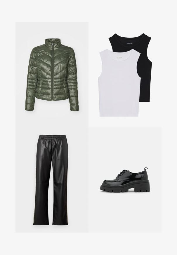 Zateplená bunda v tmavozelenej farbe, s vysokým golierom, predným zipsom a vzorom šípok pre textúru a izoláciu.; Dve bezrukávové topy v čiernej a bielej farbe, vyrobené z rebrovanej bavlny, s okrúhlym výstrihom a priliehavým strihom. Viditeľné štítky na oboch.; Čierne nohavice z umelej kože s elastickým pásom, rovný strih a kontrastné bočné pruhy. Hladká textúra a minimalistický štýl.; Čierne lakované topánky s hrubou platformou a hrubými šnúrkami. Zaoblená špička, minimálne detaily a malá pätka na zadnej strane.