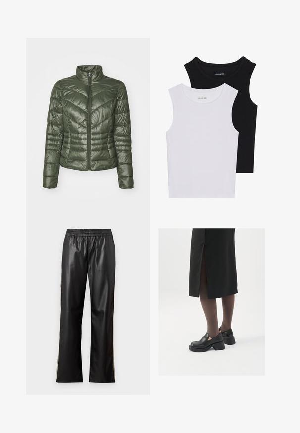 Padded jakna u tamnozelenoj boji, s visokim ovratnikom, prednjim patentnim zatvaračem i chevron uzorkom za teksturu i izolaciju.; Dva majica bez rukava u crnoj i bijeloj boji, izrađene od rebrastog pamuka, s okruglim izrezima i prianjajućim dizajnom. Oznake su vidljive na obje.; Crne hlače od umjetne kože s elastičnim pojasom, ravnim krojem i kontrastnim bočnim trakama. Glatka tekstura i minimalistički stil.; Crne kožne cipele s zaobljenim vrhom, debelim blok petama i elastičnim bočnim detaljima, uparene s tamnim čarapama i crnom suknjom s prorezom.
