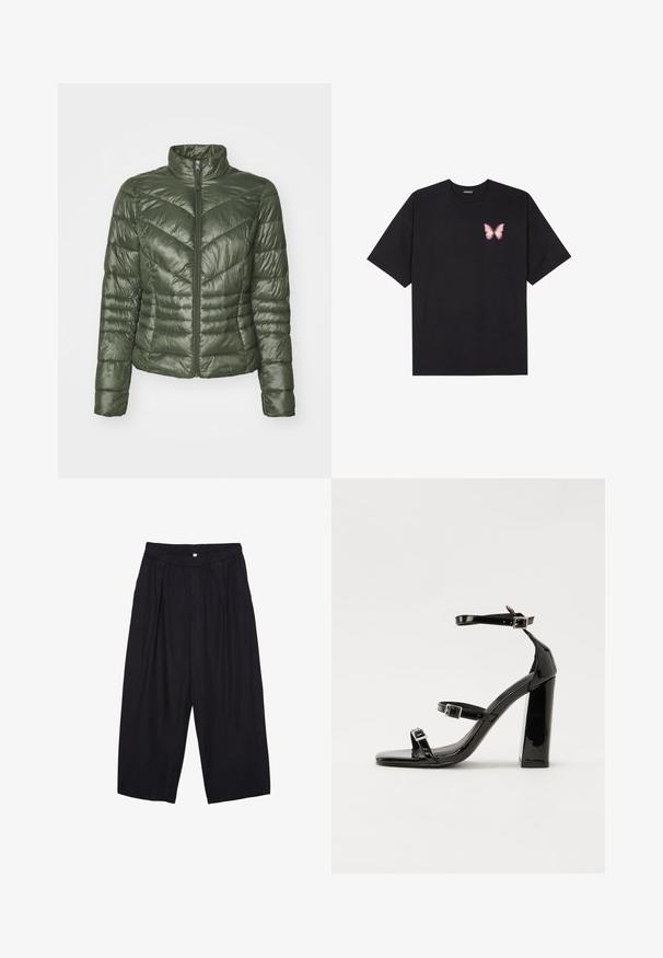 Puchowa kurtka w ciemnozielonym kolorze, z wysokim kołnierzem, zamek błyskawiczny z przodu oraz wzorem w romby, który zapewnia teksturę i izolację.; Czarny bawełniany t-shirt z krótkim rękawem, z małym różowym motylkiem na lewej piersi. Klasyczny dekolt z luźnym fasonem.; Czarne spodnie culotte z poliestru z elastycznym pasem, dwoma fałdami z przodu i luźnym krojem. Brak widocznych wzorów lub elementów metalowych.; Czarne lakierowane sandały na obcasie z kwadratowym noskiem, z paskami wokół kostki i srebrnymi klamrami. Posiadają masywny słupek dla stabilności.