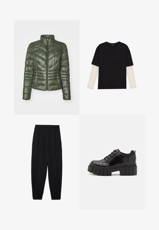 Casaco acolchoado em verde escuro, com gola alta, fecho frontal e padrão de costura em zigue-zague para textura e isolamento.; T-shirt preta de algodão, com mangas curtas sobre uma camada de mangas longas branca com um padrão texturizado subtil. Design de decote redondo.; Calças pretas, leves, com um cinto elástico e punhos franzidos. O tecido é suave e apresenta um design relaxado e afunilado.; Sapatos de plataforma em couro preto com um salto bloco robusto, bico redondo e design clássico de atacadores. Apresentam uma textura suave e detalhes mínimos.