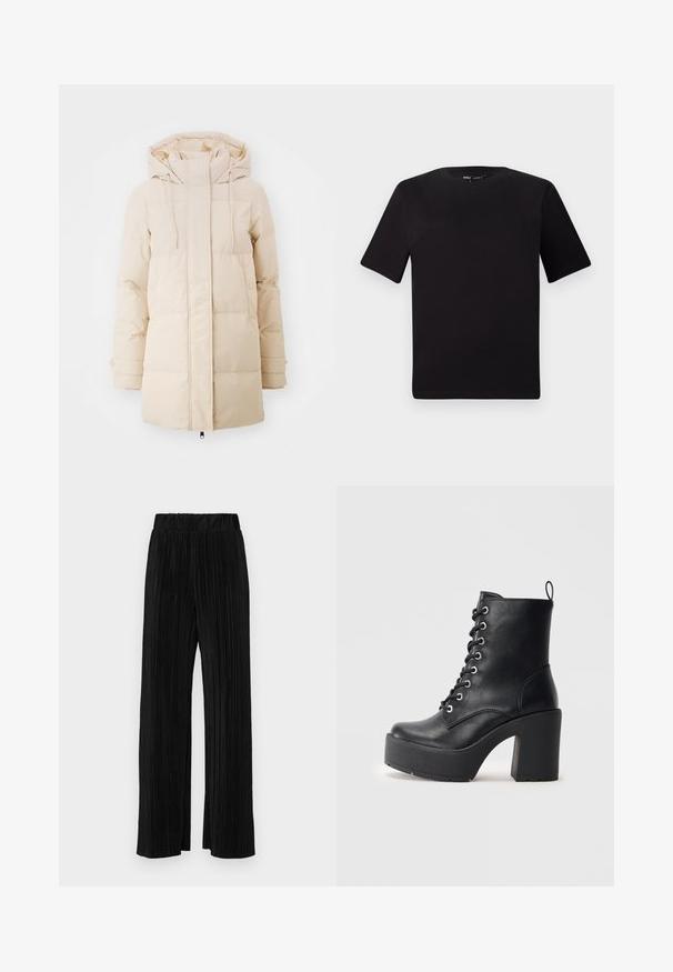 Beez pufjakkk, millel on kapuuts, tõmblukk, elastsed mansetid ja volditud disain soojustamiseks. Sile kangastekstuuri.; Must olema lühikeste varrukatega must t-särk ümmarguse kaelusega, valmistatud pehmest puuvillast kangast. Lihtne disain, ilma nähtavate logode või mustriteta.; Mustad pleekitud püksid elastse vöökohtaga. Omavad laiad jalad ja sujuvat, tekstureeritud kangast vertikaalsete triipudega.; Must mustaankelisaapad, millel on paks plokkkonts, paeltega esiosa ja tekstuurpind. Tagaküljel on lihtsaks jalga panemiseks silmus.