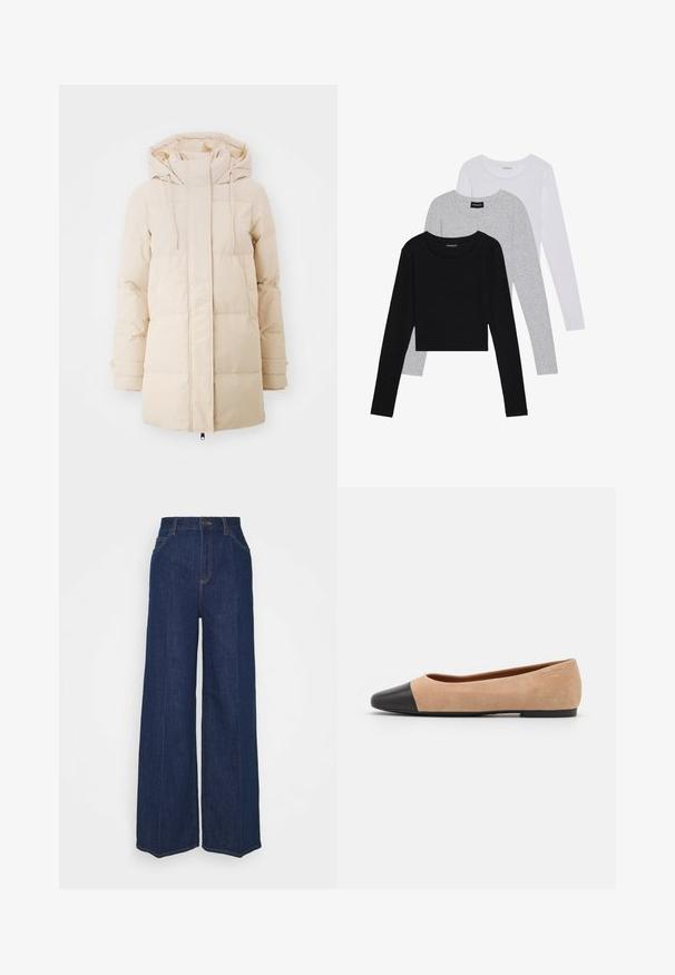 Beige pufferjakke med hette, med glidelås, elastiske mansjetter og quiltet design for isolasjon. Glatt stoffstruktur.; Tre lange ermer t-skjorter stablet: svart, grå og hvit. Hver har en rund hals og et kort design med glatt, lett stoff.; Høyt liv vidbukse i mørk blå denim med front- og baklommer, knappelukking, og synlige sømdetaljer.; Beige semsket ballettsko med svart lær rund tåhette, lav hæl og glatt tekstur, med minimal søm og et rent design.