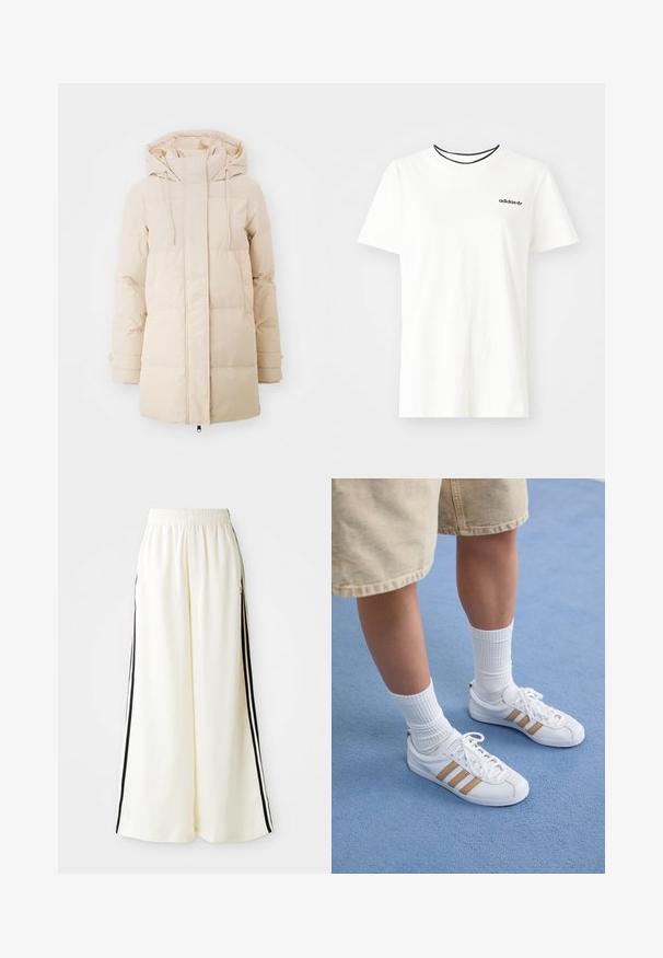 Bēša pūkaina mēteli ar kapuci, ar rāvējslēdzēju, elastīgām piedurknēm un kvadrātveida šuvēm siltumizolācijai. Gluda auduma tekstūra.; Balta kokvilnas T-krekls ar īsām piedurknēm un apļveida kakla izgriezumu. Piedāvā melnu Adidas logotipu uz krūtīm un kontrastējošu melnu iekšējo apkakli.; Baltas platās bikses ar elastīgu jostasvītu un melnām vertikālām svītrām gar ārējām vīlēm.; Baltas sporta apavs ar trim zelta svītrām, šņorējams dizains, gumijas zole, valkāts ar ribotām baltām zeķēm un beigu šortiem uz zila fona.