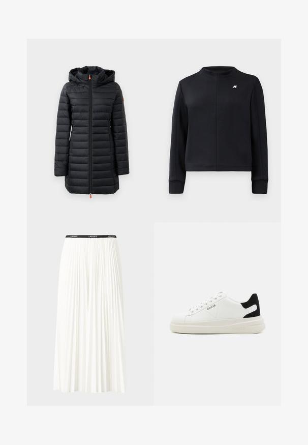 Abrigo acolchado negro con capucha, con diseño de acolchado horizontal, textura suave, cierre frontal completo y acentos de tirador naranja.; Sudadera negra con un alto cuello, mangas largas y un diseño ajustado. Presenta un pequeño logo en el pecho y una tela texturizada.; Falda blanca plisada con una cinturilla elástica negra que presenta el logotipo "LACOSTE". Diseño de longitud media con textura suave.; Zapatillas blancas de cuero con una suela blanca gruesa, acento en el talón de ante negro y logo grabado en el lateral. Diseño de cordones con seis ojales.