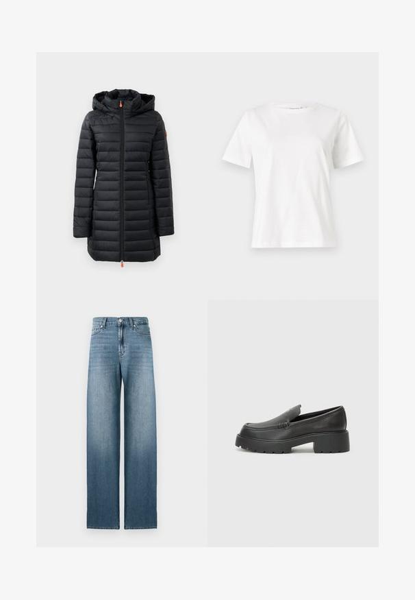 Crni preklopni kaput s kapuljačom, s horizontalnim quilted dizajnom, glatkom teksturom, punim prednjim patentnim zatvaračem i narančastim detaljima za povlačenje.; Bijela pamučna majica s kratkim rukavima, okruglim izrezom i opuštenim krojem. Glatka tekstura, bez uzoraka ili akcenata, minimalistički dizajn.; Svijetloplave široke traperice od denima, s visokim strukom, dizajnom s pet džepova i suptilnim izbljeđivanjem duž nogavica.; Crne kožne loaferice s zaobljenim vrhom, debelim teksturiranim potplatom i minimalnim detaljima šivanja. Elegantna izrada bez vidljivih vezica ili metalnih elemenata.