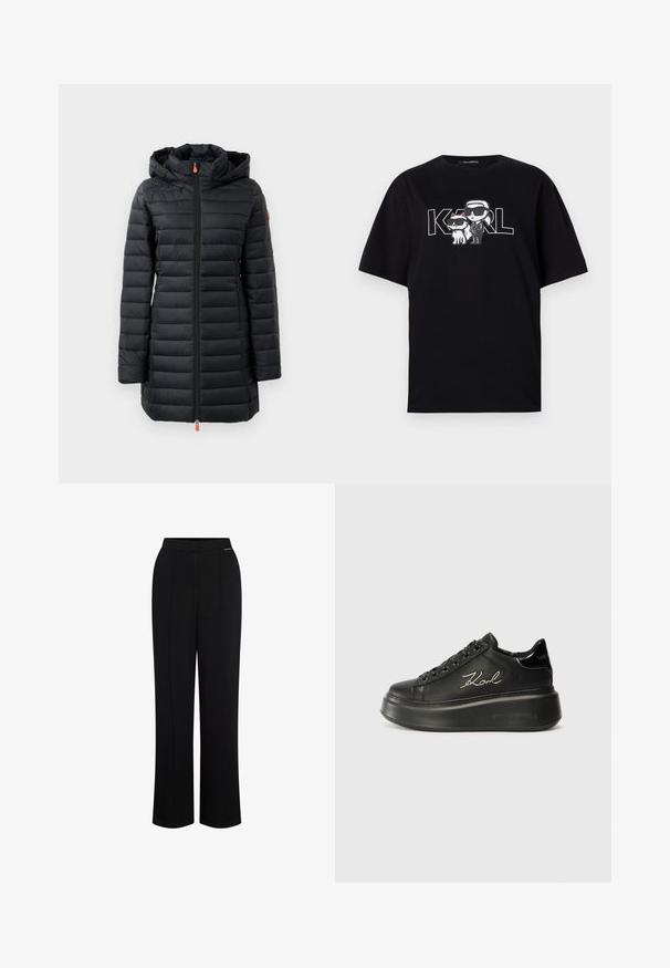 Must mustri vihmane jakk, millel on kapuuts, horisontaalse tikkimisega disain, sile tekstuur, täispikk eesmine tõmblukk ja oranžid tõmbluku tõmbluku aktsendid.; Must musta t-särk, millel on graafiline trükk kahest karikatuurikujudest prillidega, koos tekstiga "KARL" paksude tähtedega.; Mustad, laiad püksid siledast kangast. Omavad kortsuta esipinda, kahte vertikaalset kortsu ning varjatud vööda.; Mustad mustad sneakerid, millel on sile nahkpind, tasased paelad ja brodheeritud "Karl" logo külje peal. Ümmargune varvas ja paks tald.