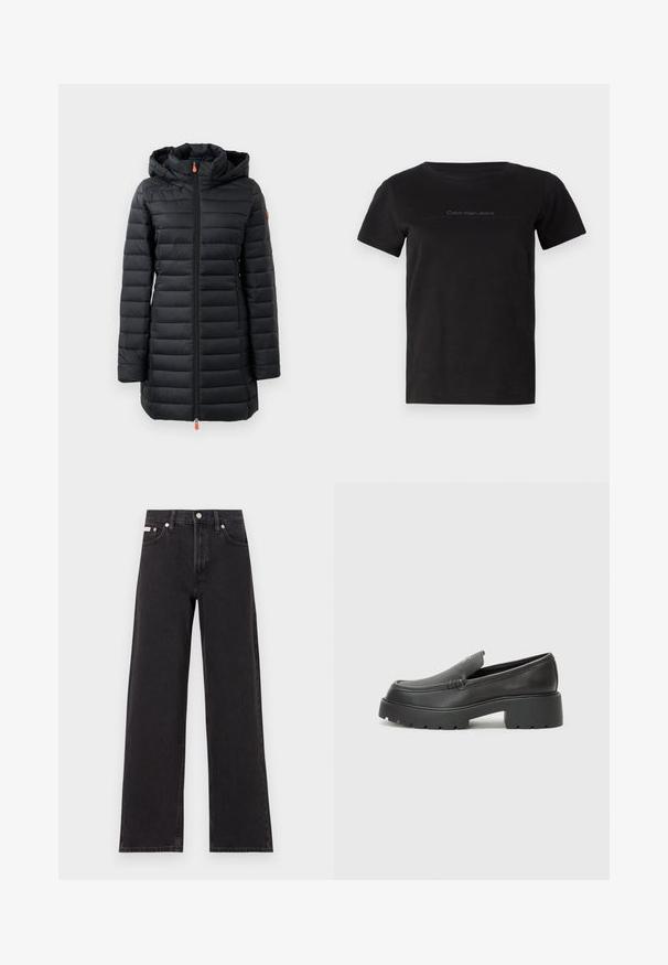 Casaco acolchoado preto com capuz, apresentando um design acolchoado horizontal, textura suave, fecho frontal completo com zíper e detalhes em laranja nos puxadores.; Camiseta de algodão preta com decote redondo e mangas curtas. Apresenta uma marcação subtil em cinza na área do peito.; Jeans de perna larga pretos feitos de denim, apresentando uma cintura alta, estilo de cinco bolsos e um fecho em botão de metal com costura contrastante.; Mocassins de couro preto com bico arredondado, sola espessa e texturizada, e detalhes de costura minimalistas. Design elegante sem atacadores ou ferragens visíveis.