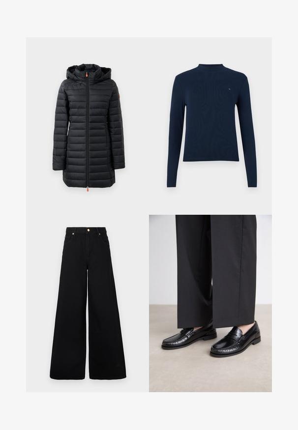 Zwarte gewatteerde jas met een capuchon, met een horizontaal gestikte ontwerp, een gladde textuur, een volledige ritssluiting aan de voorkant en oranje trekkoordaccenten.; Marineblauwe lange mouwen turtleneck top, ribbelstructuur, met een klein logo op de borst, in een aansluitend ontwerp en een ronde hals.; Zwarte wijde jeans van denim, met een hoge taille, twee voorkruiszakken en gouden hardwareaccenten bij de tailleband.; Zwarte leren instappers met een gladde afwerking, gestikte details rond de teen en een lage rubberen zool. Gepaard met brede zwarte broeken.