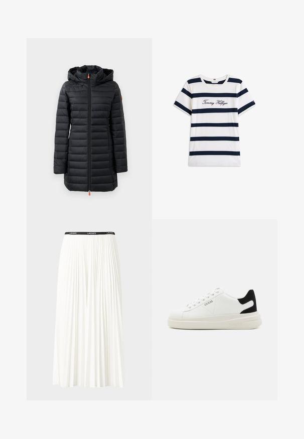 Cappotto imbottito nero con cappuccio, caratterizzato da un design a righe orizzontali, texture liscia, zip frontale completa e dettagli arancioni sulle linguette.; T-shirt in cotone con righe orizzontali blu navy su sfondo bianco. "Tommy Hilfiger" ricamato in corsivo sul petto. Collo a giro.; Gonna bianca plissettata con elastico nero in vita che presenta il logo "LACOSTE". Design di lunghezza media con texture morbida.; Sneaker bianchi in pelle con suola spessa bianca, accento in suede nero sul tallone e logo impresso sul lato. Design con lacci e sei fori per i lacci.